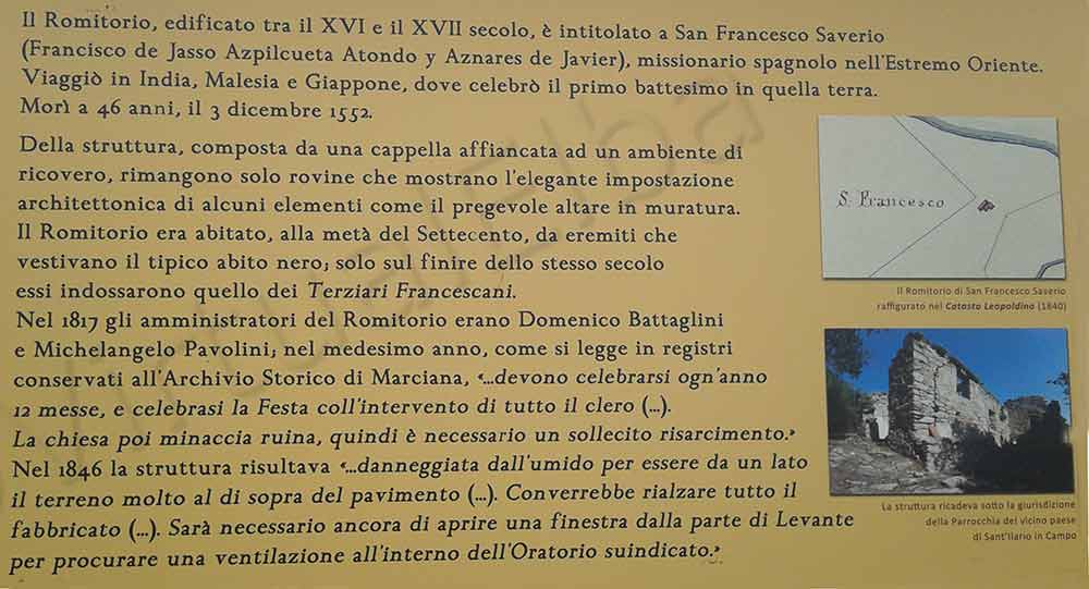 El cartel descriptivo que encontramos al inicio del camino que nos conduce a la Ermita de San François Xavier